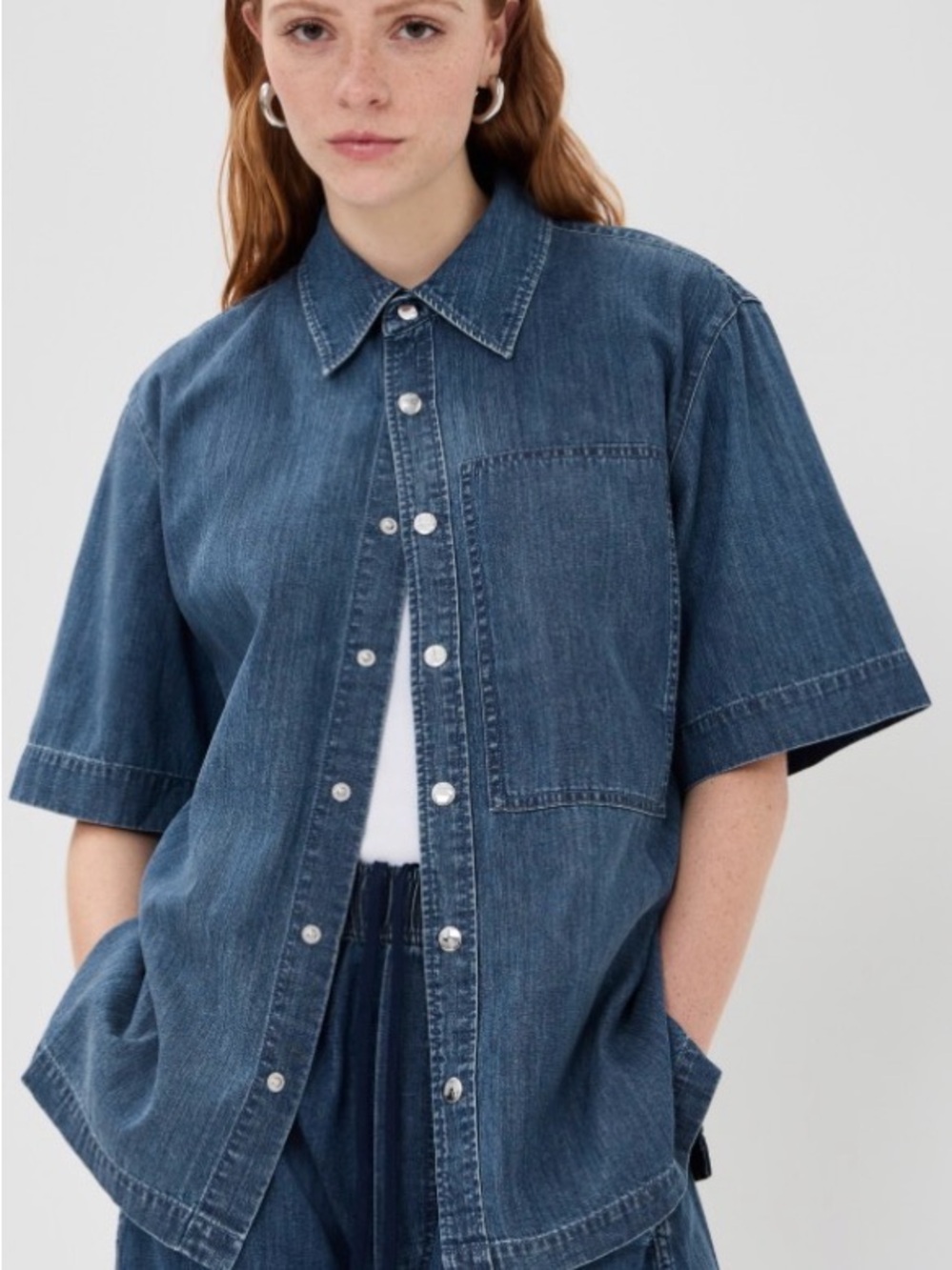 Tibi Denim Short-Sleeve Button-Down Shirt in Blue